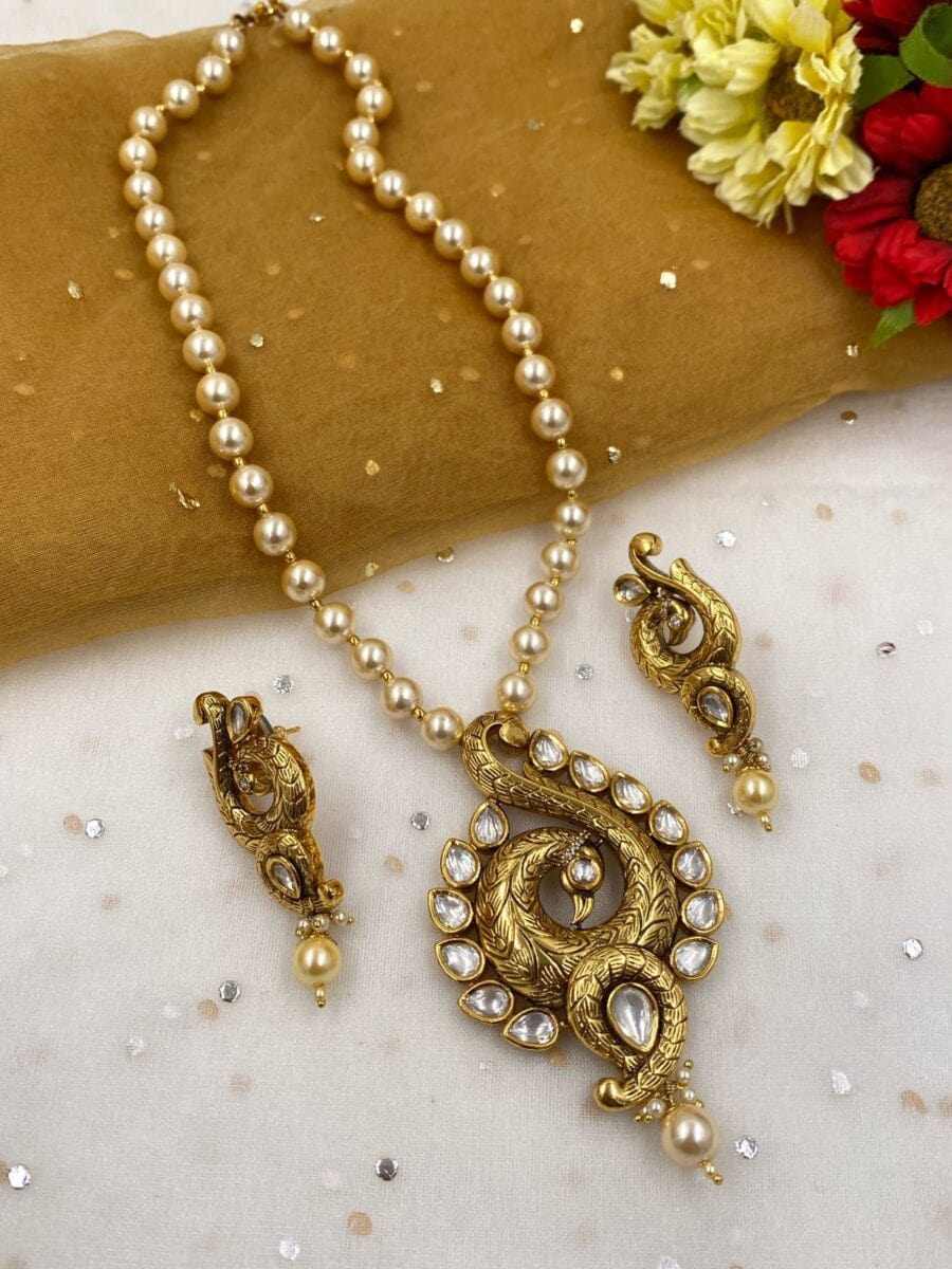 Designer Antique Kundan Studded Peacock Pendant Necklace Set For Ladies By Gehna Shop Kundan Necklace Sets