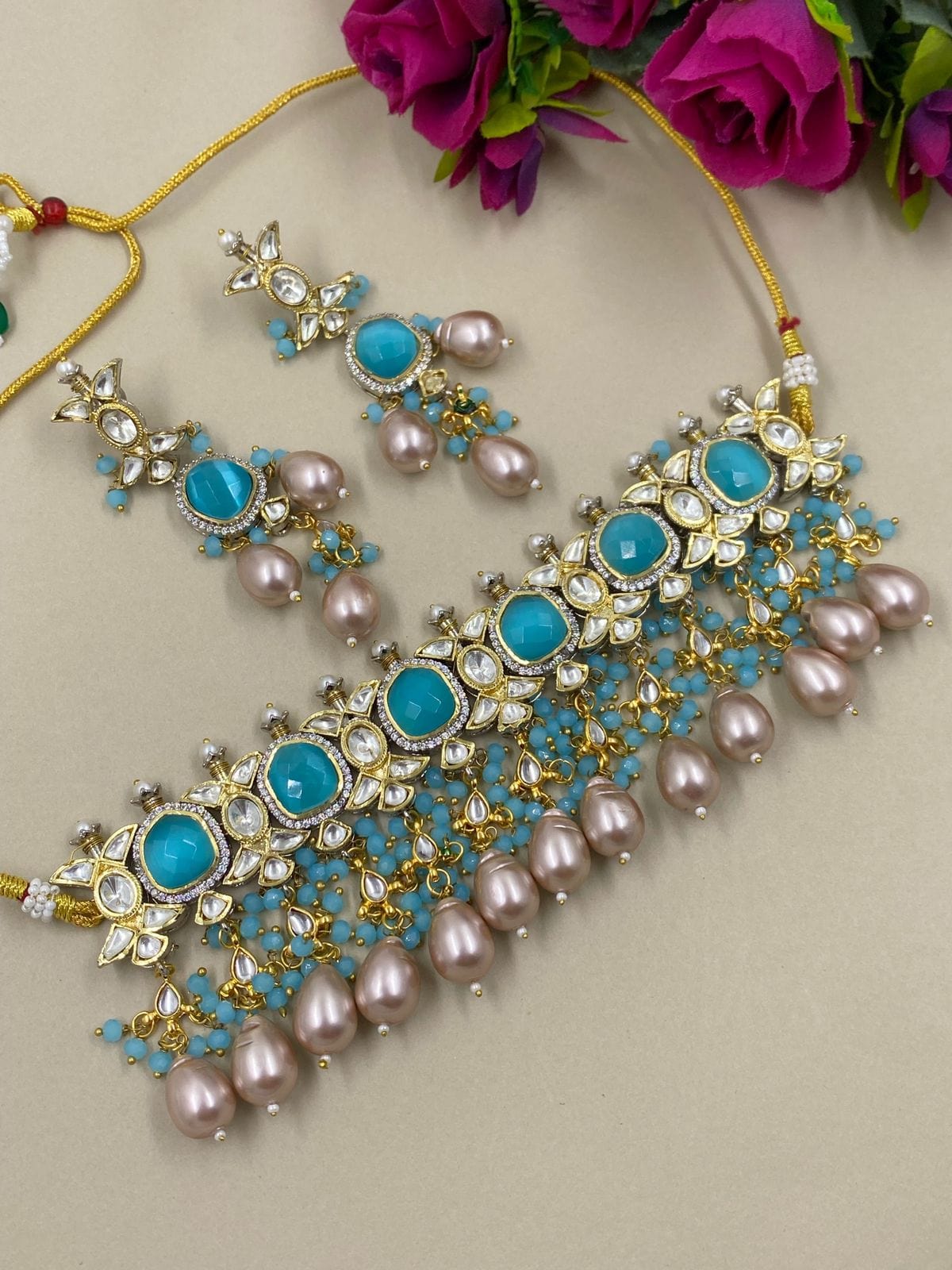 Designer Aqua Blue Stone Victorian Uncut Polki Choker Jewellery Set Victorian Necklace Sets