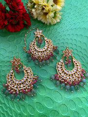 Designer Big Kundan Earrings And Maang Tikka Set For Females By Gehna Shop Maang Tikka Earrings Set