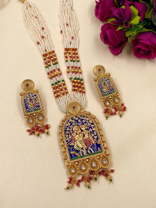 Designer Blue Meenakaari Radha Krishna Jewellery Necklace Set By Gehna Shop Temple Necklace Sets