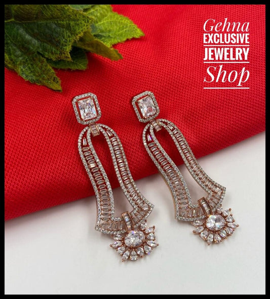 Designer Cubic Zircon Rose Gold Wedding Danglers Earrings For Ladies American Diamond Dangler Earrings