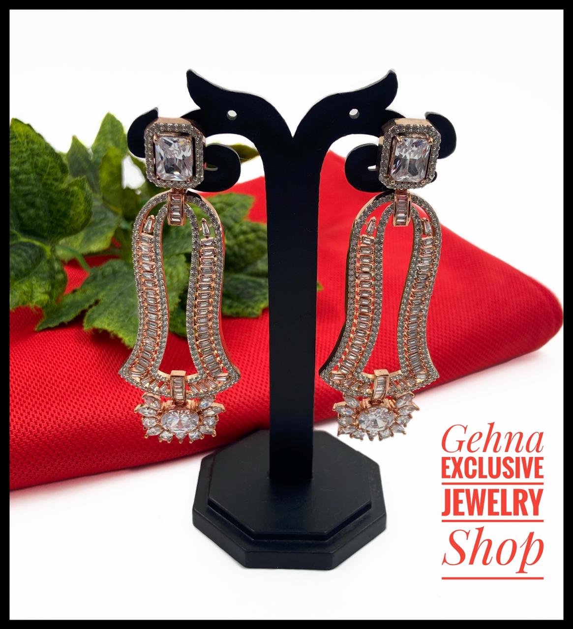 Designer Cubic Zircon Rose Gold Wedding Danglers Earrings For Ladies American Diamond Dangler Earrings