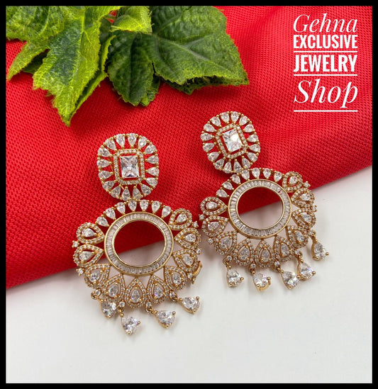 Designer Cubic Zircon Rose Gold Wedding Danglers For Ladies American Diamond Earrings