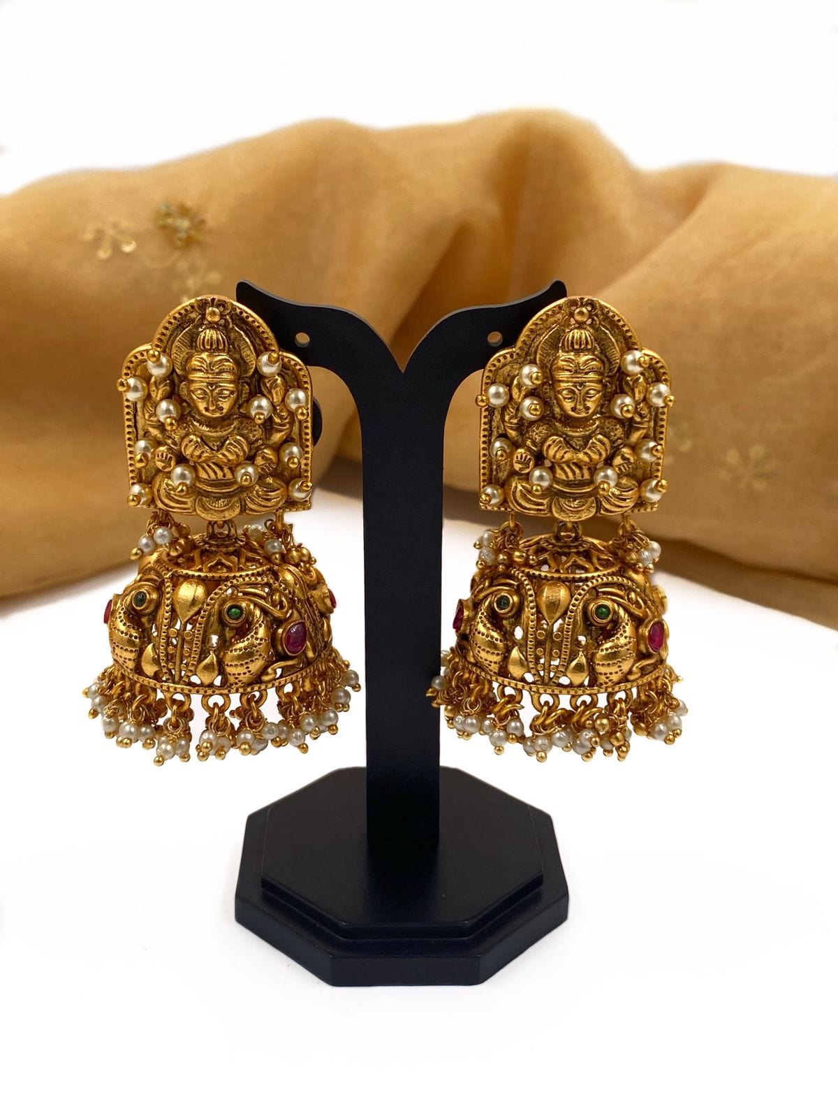 Designer Gold Plated Antique Golden Goddess Lakshmi Jhumka Earrings By Gehna Shop Jhumka Earrings