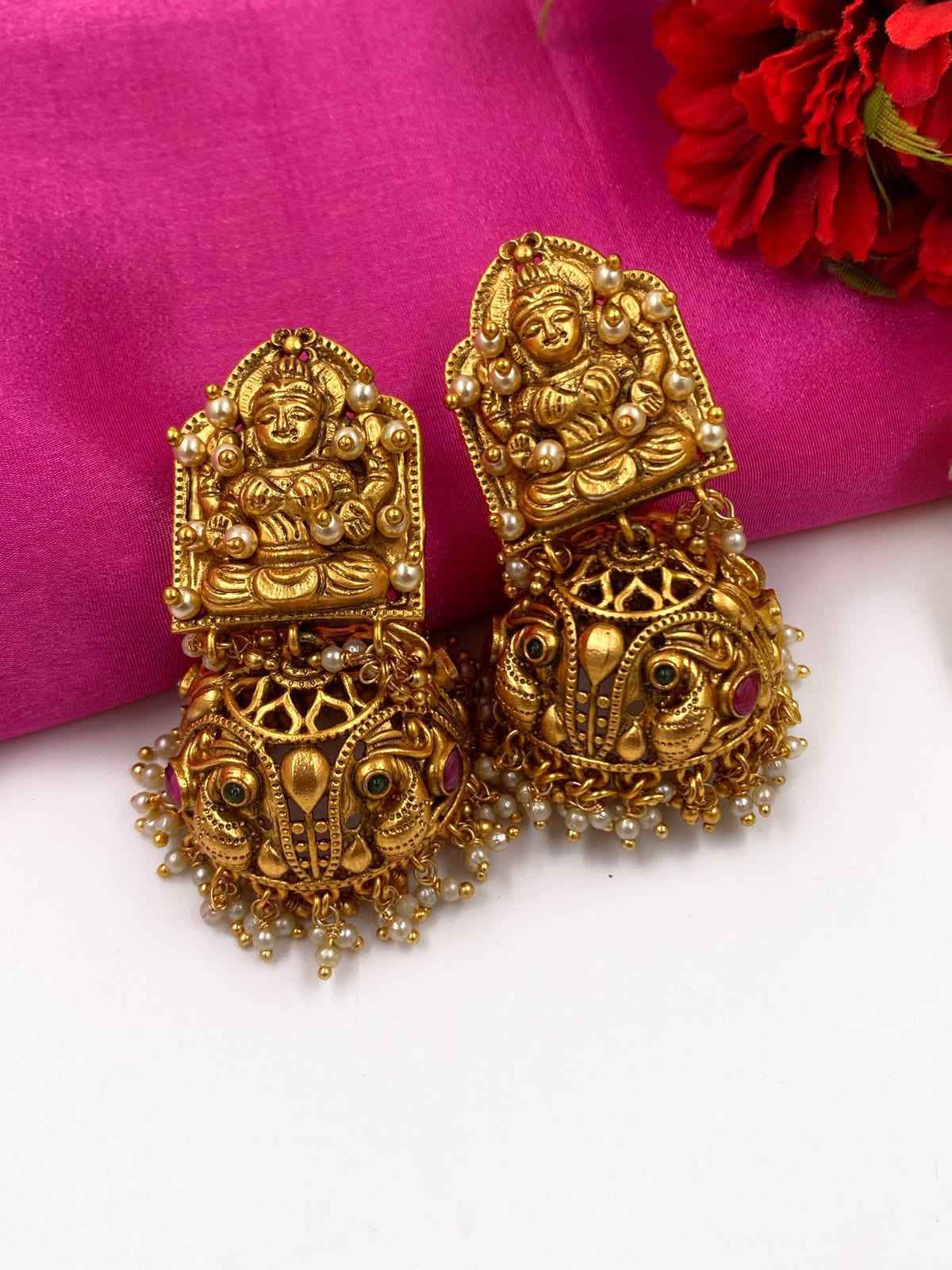Artificial Gold Plated Antique Golden Goddess Lakshmi Jhumka Earrings Ruby