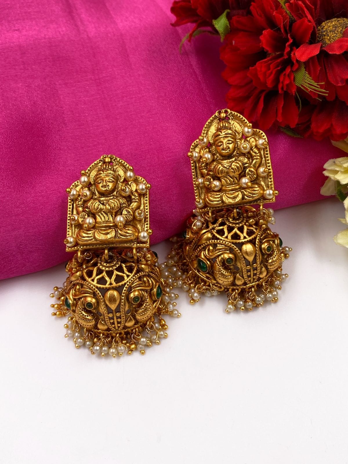 Designer Gold Plated Antique Golden Goddess Lakshmi Jhumka Earrings By Gehna Shop Jhumka Earrings