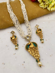 Designer Gold Plated Antique Golden Peacock Pendant With Pearls Necklace Set For Woman Antique Golden Necklace Sets