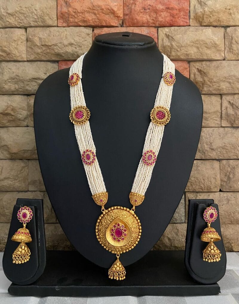 Designer Gold Plated Antique Golden Pendant Necklace With Pearls For Women Antique Golden Necklace Sets