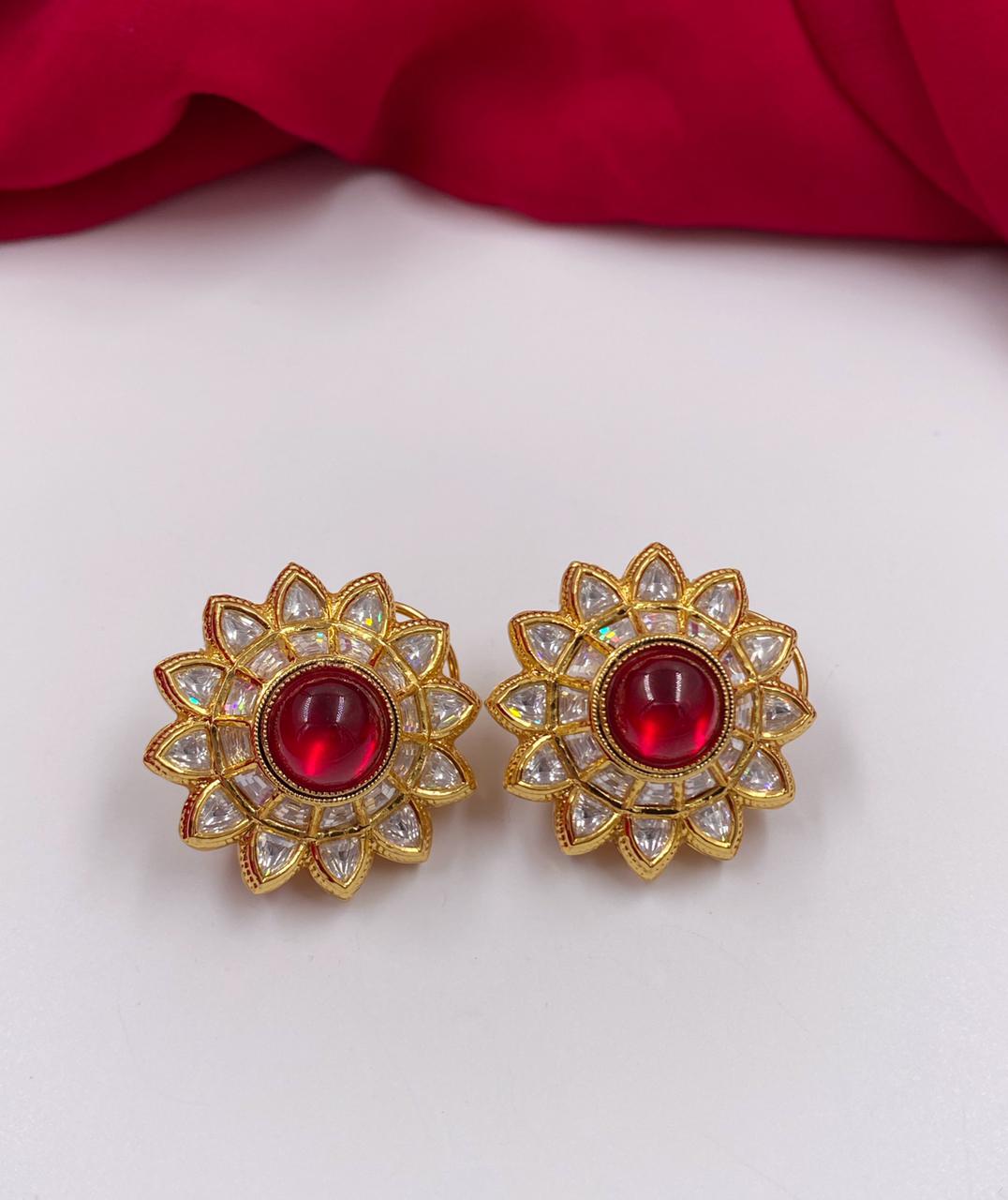 Designer Gold Plated Big Kundan Ruby Stud Earrings By Gehna Shop Stud Earrings