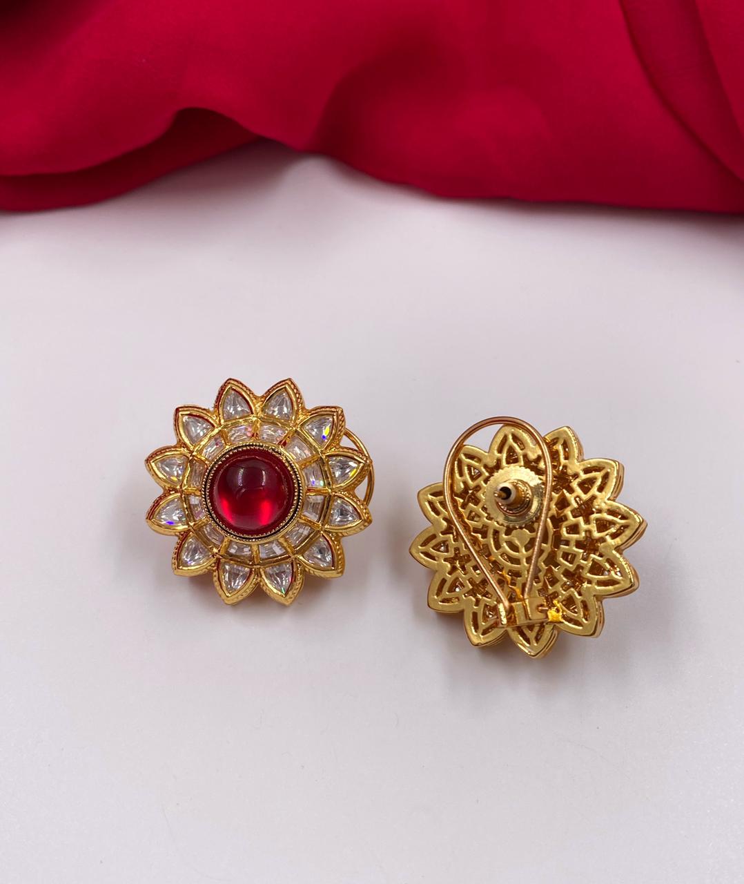 Designer Gold Plated Big Kundan Ruby Stud Earrings By Gehna Shop Stud Earrings