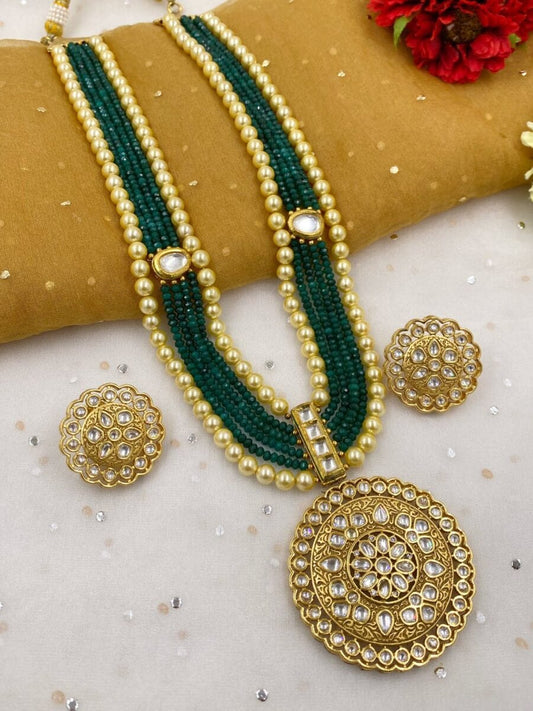 Designer Gold Plated Bridal Antique Kundan Pendant Green Necklace Set For Woman Kundan Necklace Sets