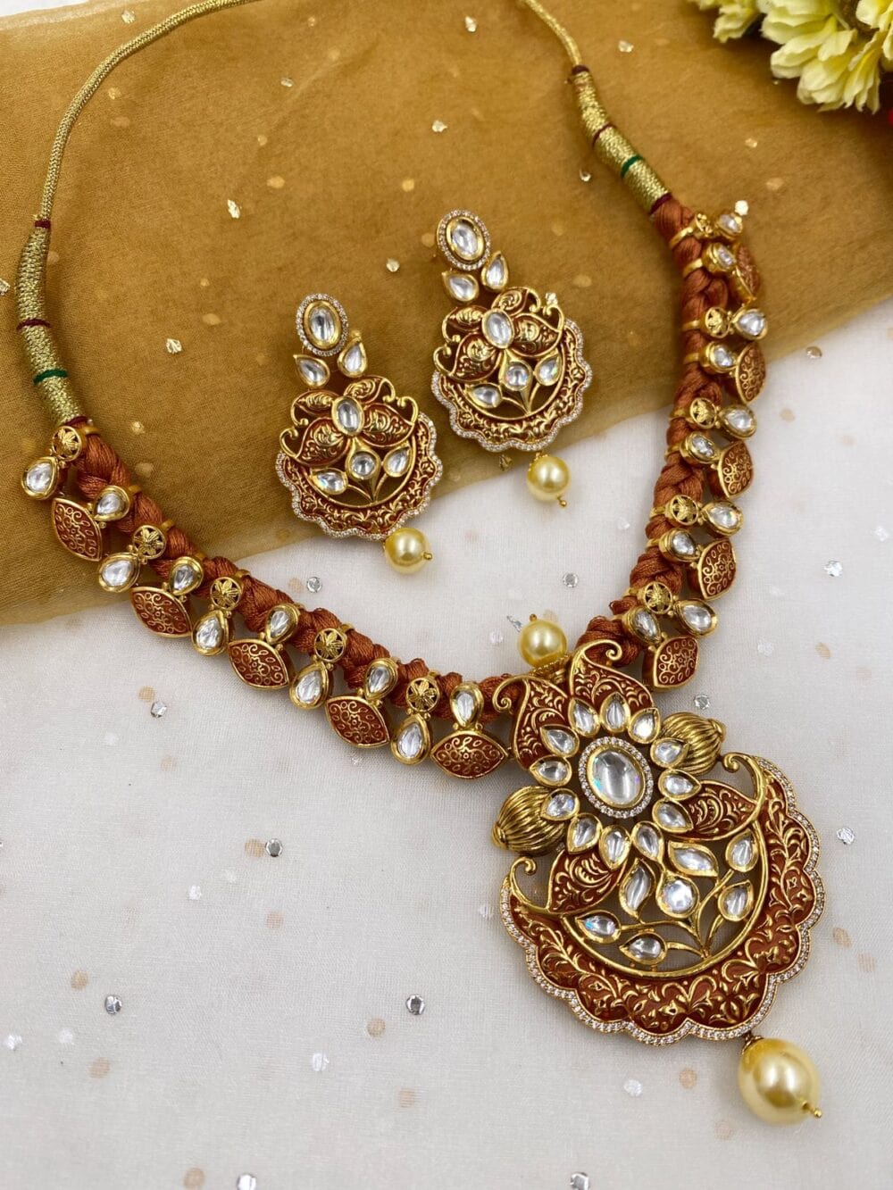 Designer Gold Plated Gheru Polish Kundan Necklace For Weddings By Gehna Shop Kundan Necklace Sets