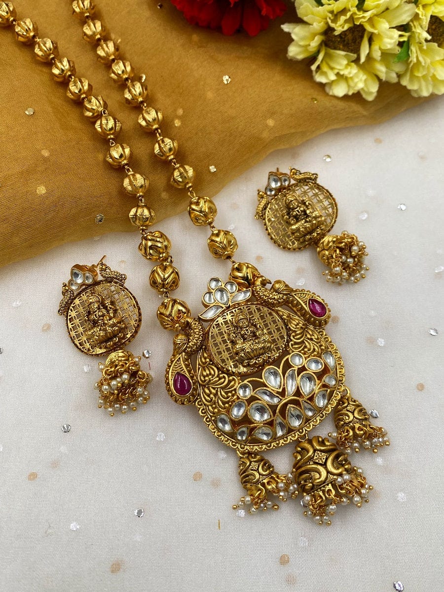 Designer Gold Plated Goddess Lakshmi Temple Necklace Set By Gehna Shop Temple Necklace Sets