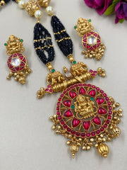 Designer Gold Plated Goddess Lakshmi Temple Necklace Set With Black Beads Mangalsutras