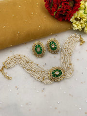 Designer Gold Plated Green Kundan Real Pearls Choker Necklace Set By Gehna Shop Choker Necklace Set