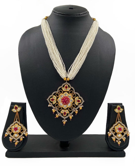 Designer Gold Plated High Quality Wedding Kundan Pendant With Pearls Necklace Set Kundan Necklace Sets