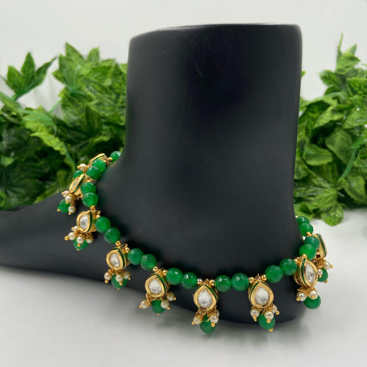 Designer Gold Plated Kundan Green Payal Anklet For Ladies By Gehna Shop Kundan Anklet