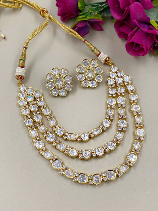 Designer Gold Plated Layered Uncut Kundan Polki Necklace Set For Weddings Choker Necklace Set