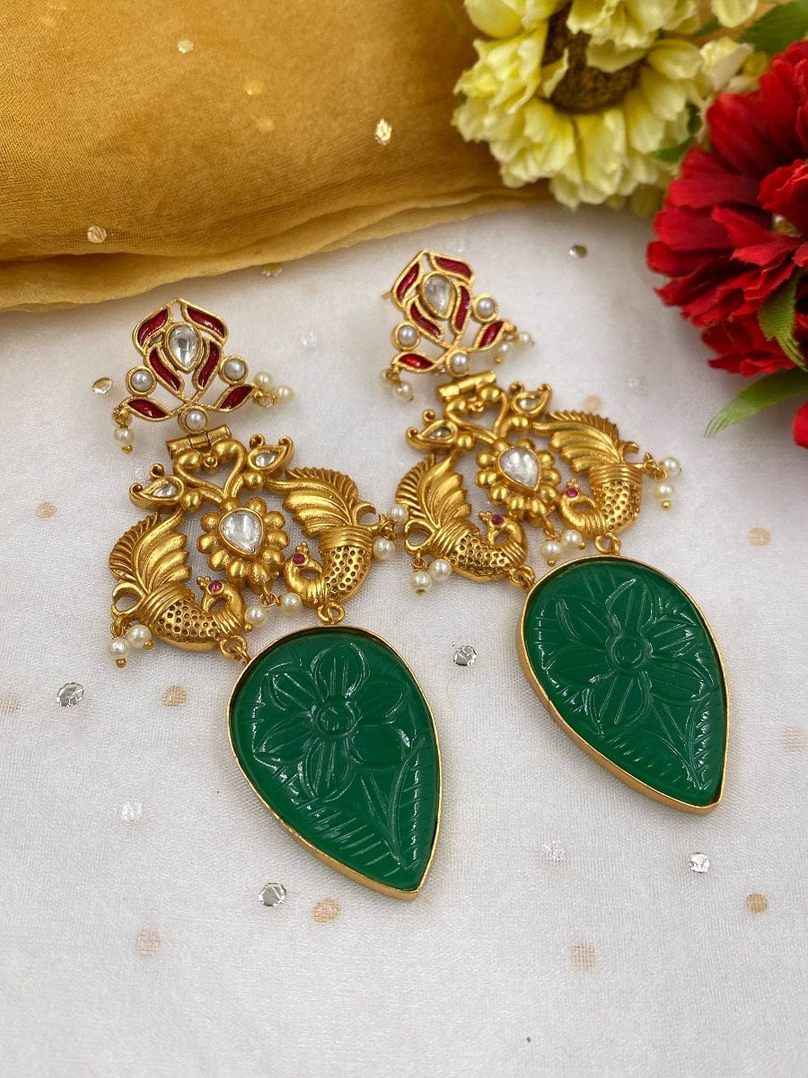 Designer Gold Plated Long Green Stone Dangler Earrings For Ladies By Gehna Shop Earrings