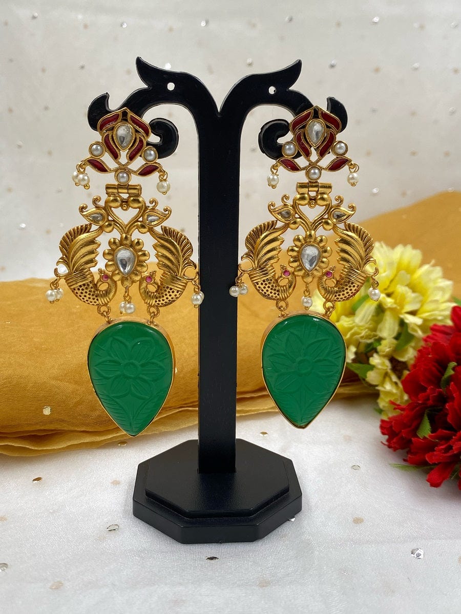 Designer Gold Plated Long Green Stone Dangler Earrings For Ladies By Gehna Shop Earrings