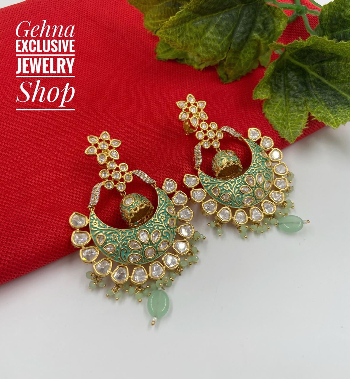 Designer Gold Plated Mint Color Kundan Party Chandbali Earrings For Ladies Kundan Earrings