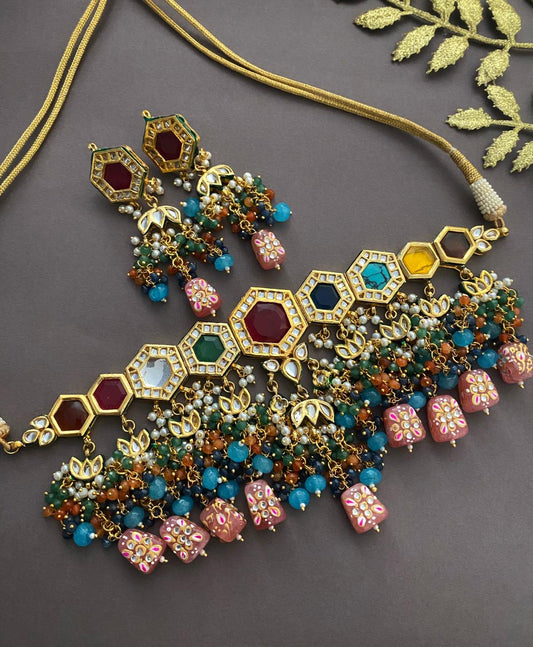 Designer Gold Plated Multicolor Bridal Choker Necklace Set By Gehna Shop Bridal Necklace Sets