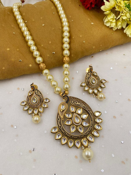 Designer Gold Plated Peacock Design Kundan Pendant Necklace Set By Gehna Shop Antique Golden Necklace Sets