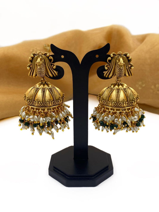 Gold Plated Peacock Design Antique Jhumka Earrings