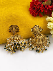 Gold Plated Peacock Design Antique Jhumka Earrings