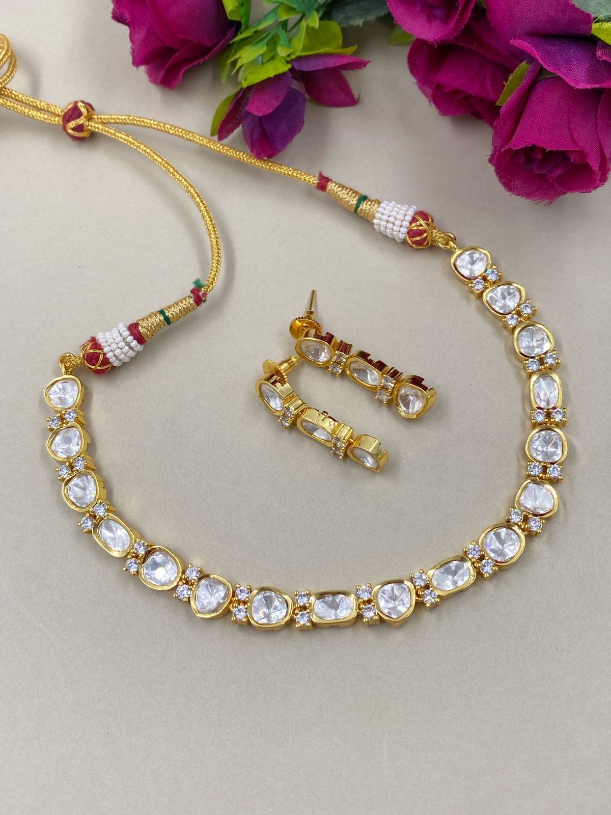 Designer Gold Plated Single Line Uncut Kundan Polki Necklace Set For Women Kundan Necklace Sets