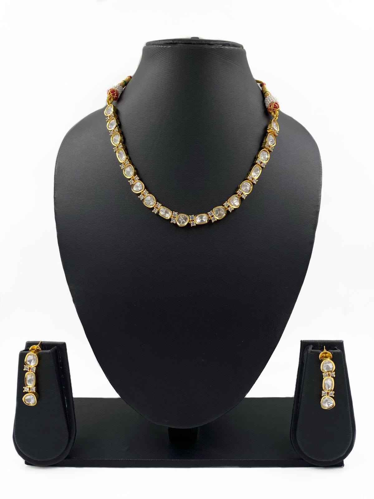 Designer Gold Plated Single Line Uncut Kundan Polki Necklace Set For Women