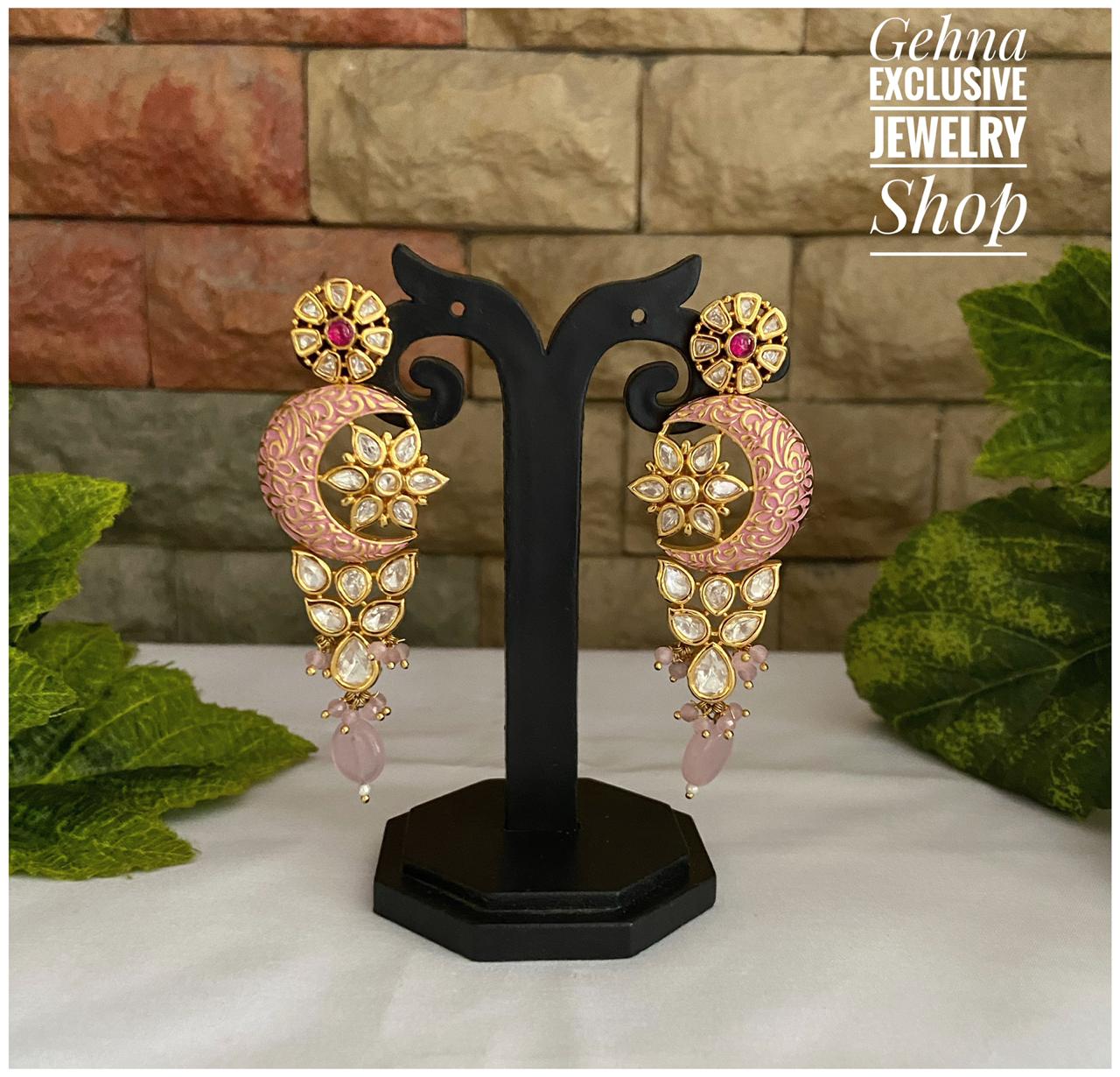 Designer Gold Plated Studded Kundan Pink Enamel Party Dangler Earrings Earrings