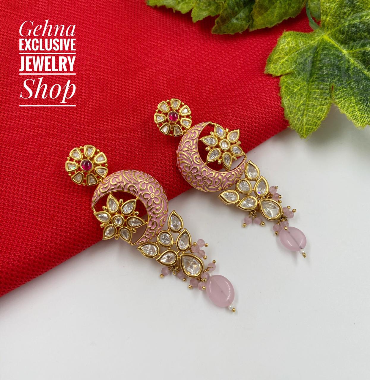 Designer Gold Plated Studded Kundan Pink Enamel Party Dangler Earrings Earrings