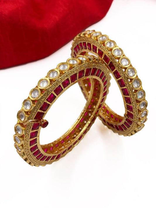 Designer Gold Plated Studded Ruby And Kundan Openable Bangles For Women By Gehna Shop Bangles