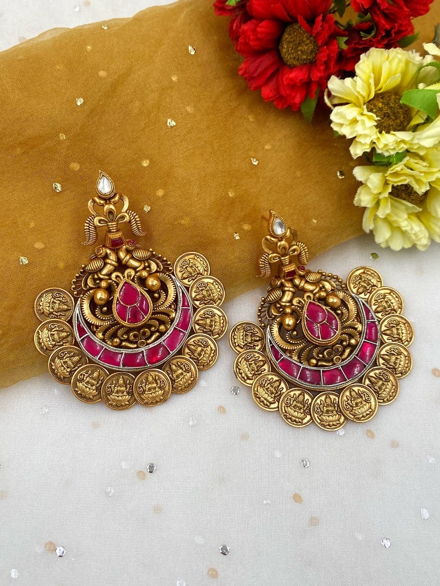 Designer Gold Plated Temple Lakshmi Coin Golden Chandbali Earrings For Weddings Chandbali Earrings