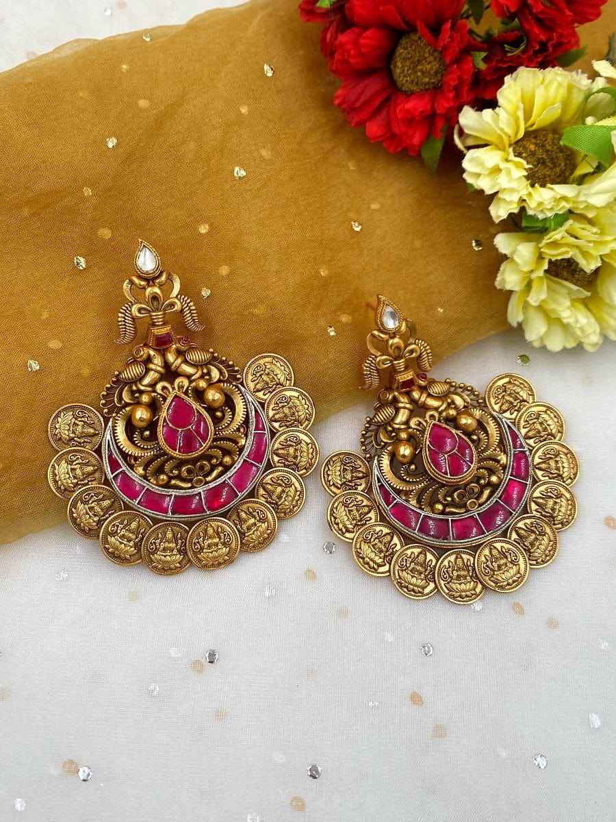 Gold Plated Lakshmi Devi Chandbali Earrings For Women Ruby Red