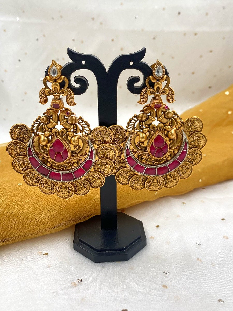Designer Gold Plated Temple Lakshmi Coin Golden Chandbali Earrings For Weddings Chandbali Earrings