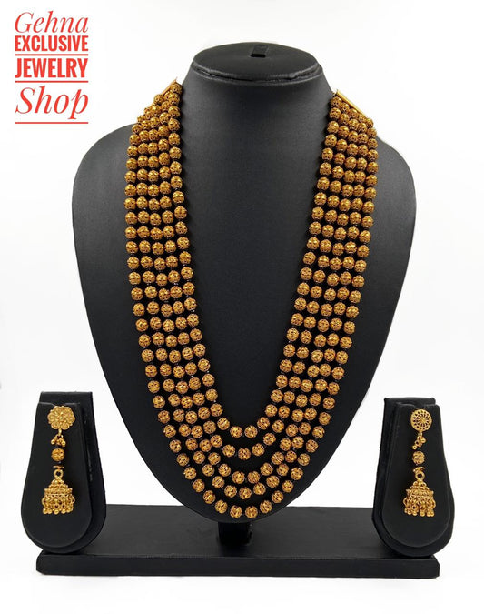 Designer Gold Toned Five Layered Golden Beads Matar Mala Necklace Black For Woman Beads Jewellery