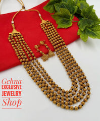 Designer Gold Toned Five Layered Golden Beads Matar Mala Necklace Black For Woman Beads Jewellery