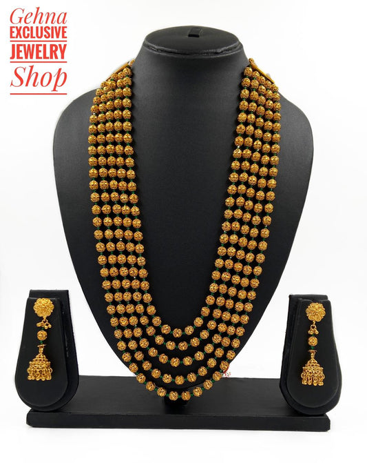 Designer Gold Toned Five Layered Golden Beads Matar Mala Necklace Green For Woman Beads Jewellery