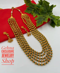 Designer Gold Toned Five Layered Golden Beads Matar Mala Necklace Green For Woman Beads Jewellery
