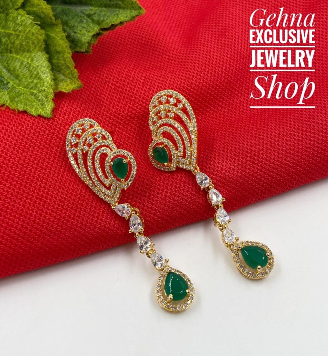 Designer Golden Long Green Zircon Earrings For Woman By Gehna Shop Ziron Earrings