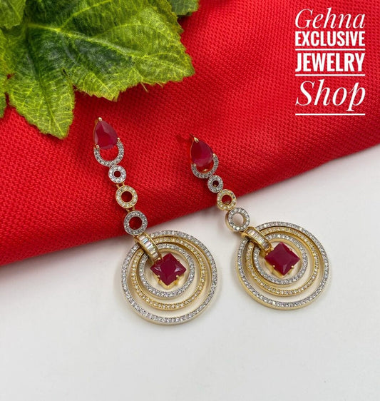 Designer Golden Long Ruby Stone Cubic Zircon Danglers By Gehna Shop Ziron Earrings
