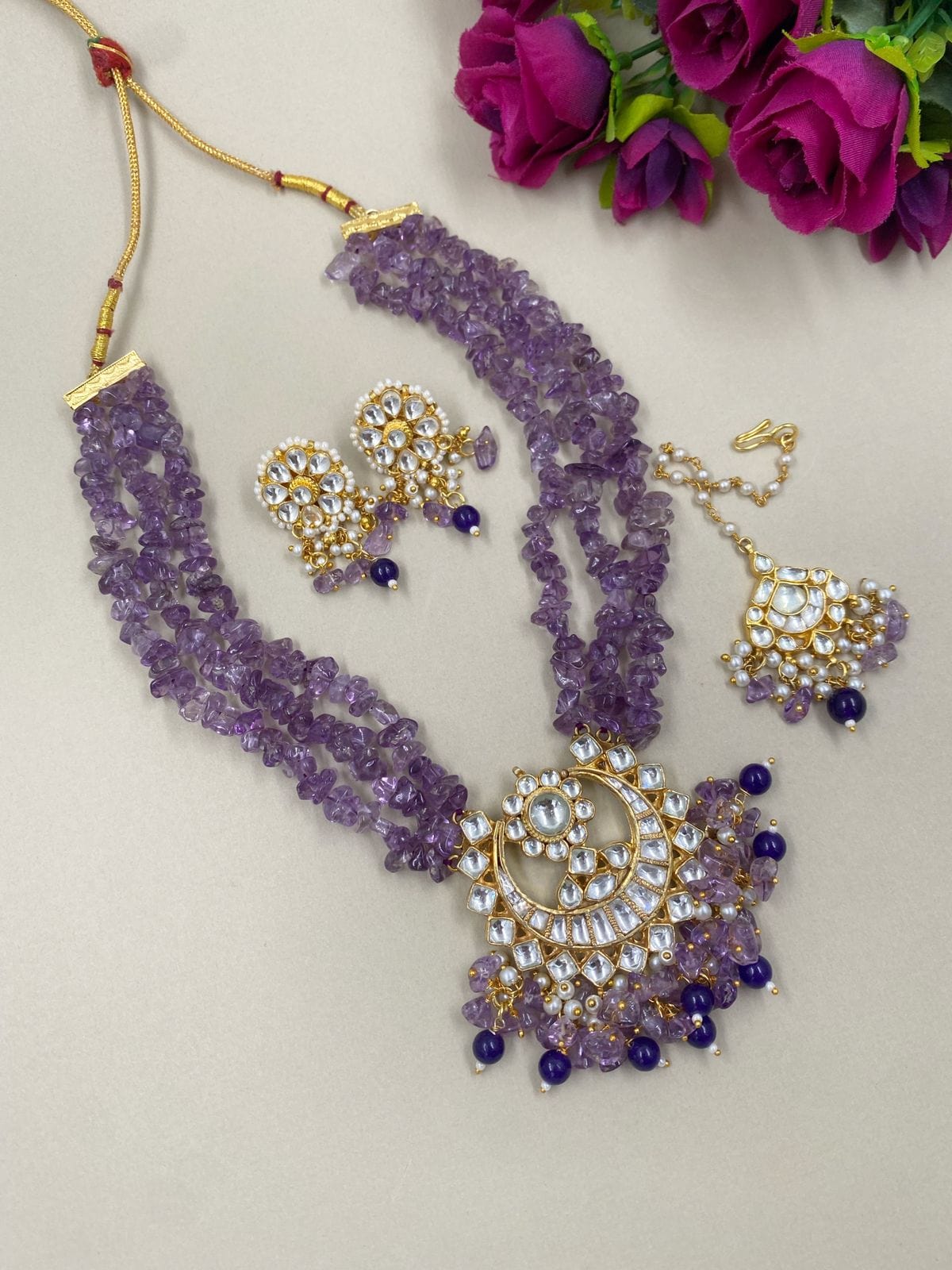 Designer Handcrafted Amethyst Beads And Jadau Kundan Necklace Set By Gehna Shop Choker Necklace Set