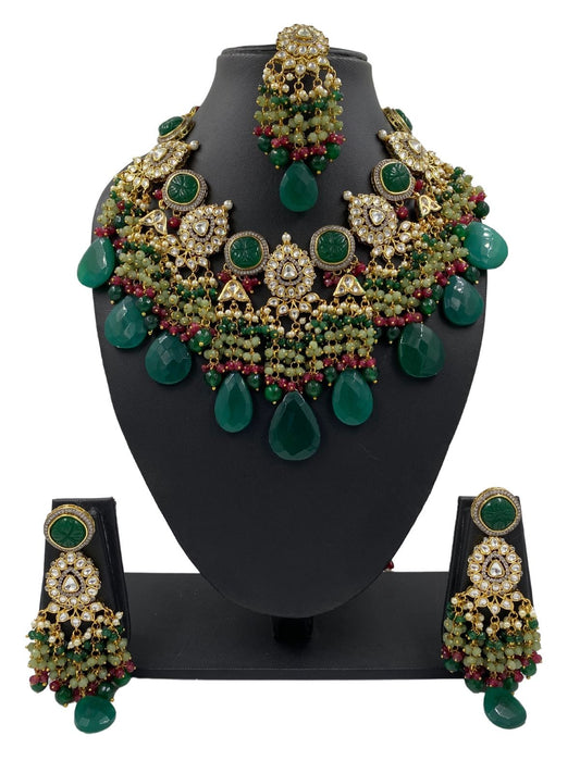 Designer Handcrafted Heavy Green Kundan Bridal Necklace Set 