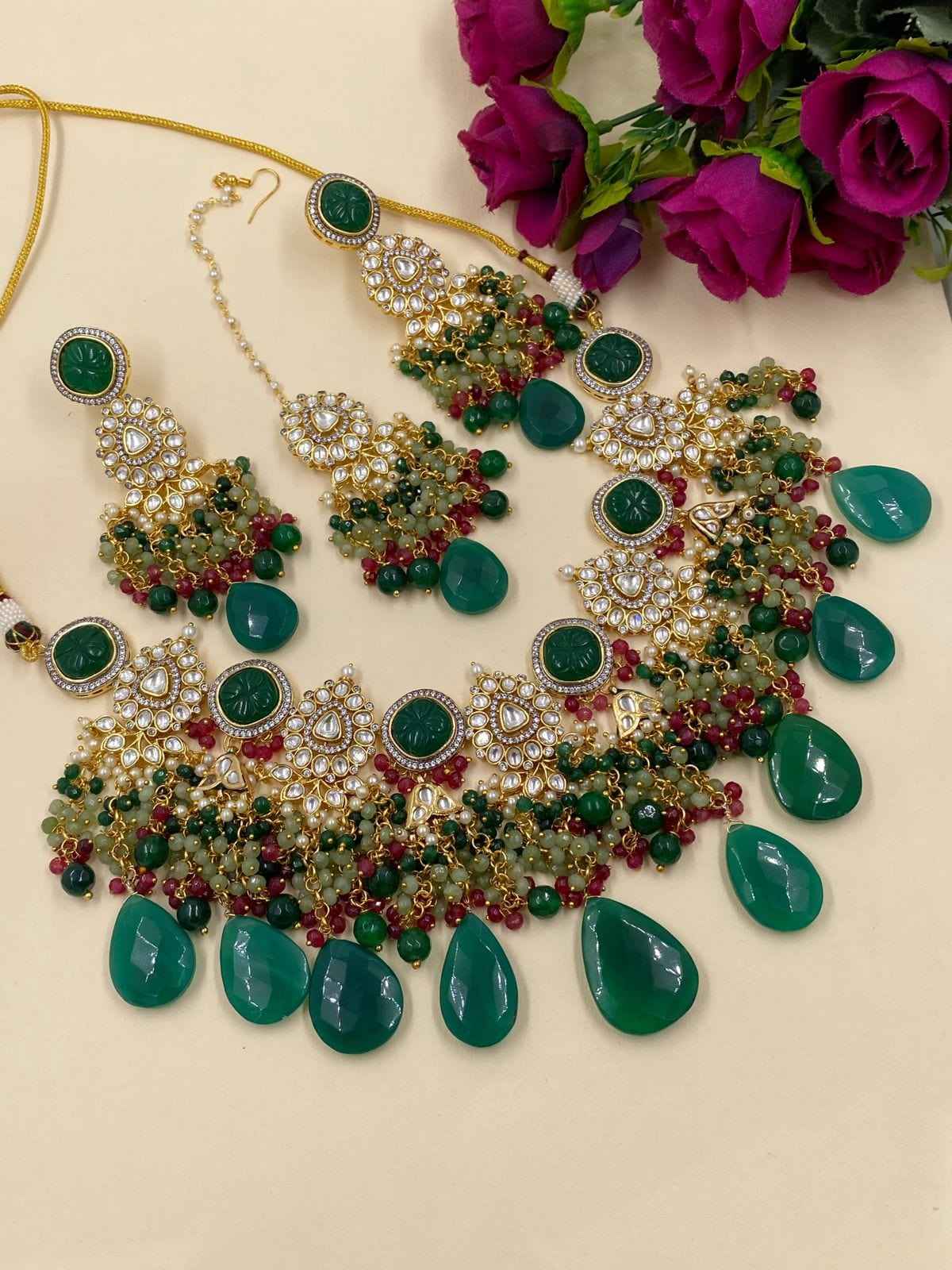 Designer Handcrafted Hevy Kundan Bridal Necklace Set By Gehna Shop Green