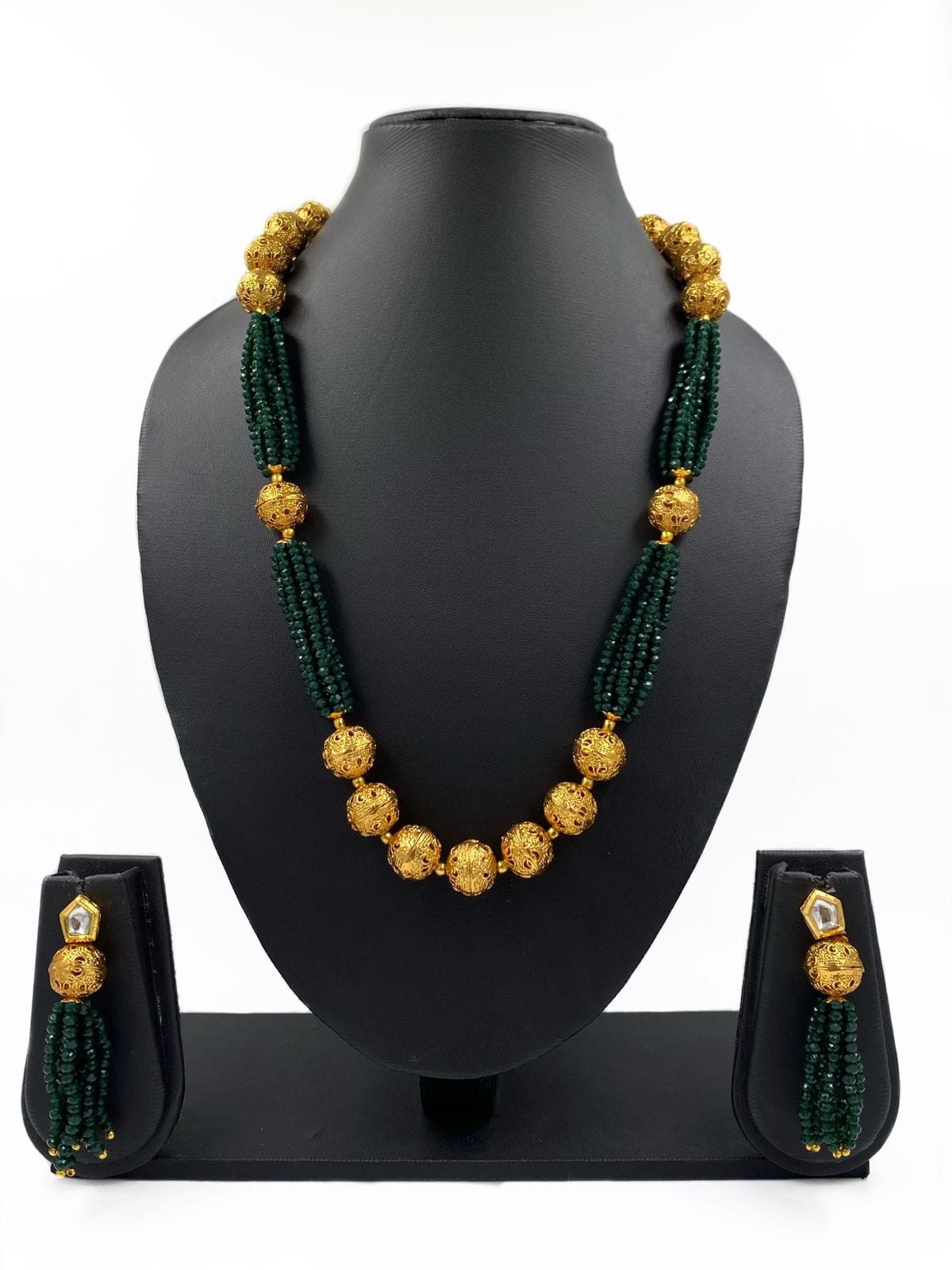 Designer Handcrafted Green Crystal And Golden Beads Necklace For Woman By Gehna Shop Beads Jewellery