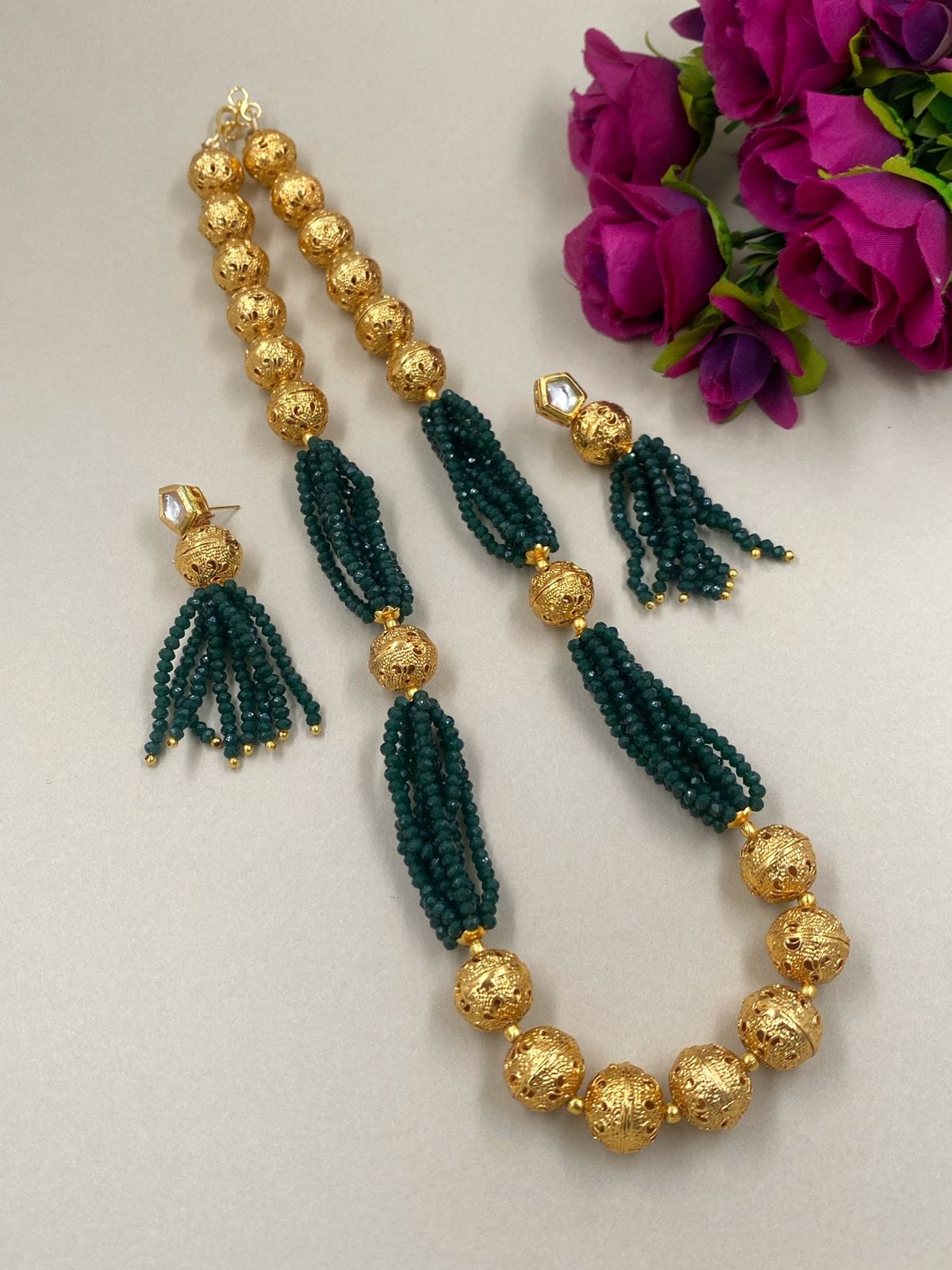 Designer Handcrafted Green Crystal And Golden Beads Necklace For Woman By Gehna Shop Beads Jewellery