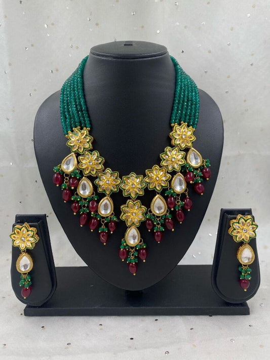 Gehna Shops Designer Gold Plated Green Kundan Bridal Necklace Set