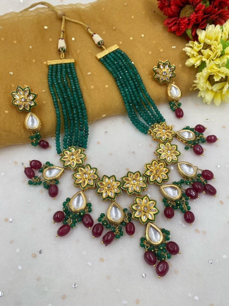 Designer Handcrafted Green Kundan Necklace Set By Gehna Shop Meenakari Necklace Sets